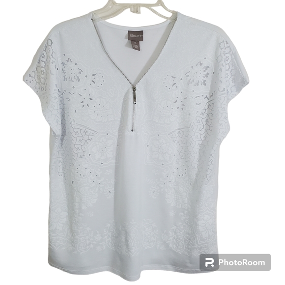 Chico's Tops - Chico's Women's Lace Zip Up Top Alabaster White Short Sleeve Size Large